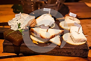 Cheese plate of Asturian cheese: Cabrales, AfuegaÃ¢â¬â¢l Pitu, Vidiago, Queso de Oveja sheep milk cheese and Ahumados smoked cheese photo